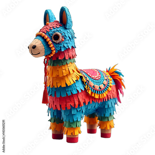 Festive llama piñata on confetti. Colorful 3D render for Cinco de Mayo celebrations and party decorations. Isolated on transparent background.