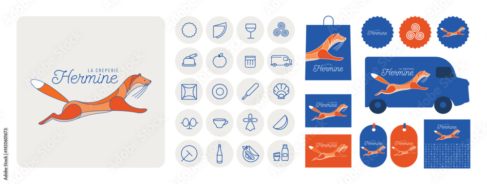 illustration vectorielle d'une hermine. Emblème de la Bretagne, logo pour restaurant et foodtruck. Fabricant de crêpes et galettes. tradition bretonne. Image de marque pour entreprise bretonne. 