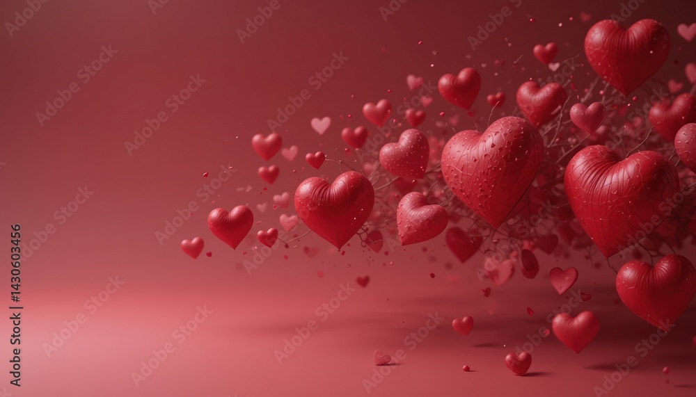 Romantic celebration of love with heart balloons studio setting digital art soft red environment dynamic perspective Romantic celebration of love with heart balloons studio setting digital art soft red environment dynamic perspective
