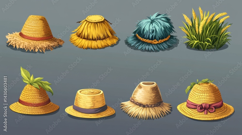 Cartoon set of different farmer straw hats. Flat vector illustration. Collection of colorful gardener or agricultural worker summer headdresses. Clothes, farming, style, fashion, headdress concept Cartoon set of different farmer straw hats. Flat vector illustration. Collection of colorful gardener or agricultural worker summer headdresses. Clothes, farming, style, fashion, headdress concept