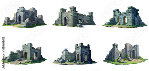 Ancient medieval stone ruins set. Broken castle, fort, temple ruins. Rock building. Ancient kingdom city element, fortress, old citadel structure, arch. Grey stone brick wall vector illustration.	