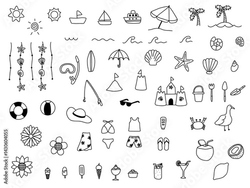 Summer Hand drawn doodle Set, Summer time doodle elements, cute doodles for decoration, vector hand drawn illustration, doodle clipart set
