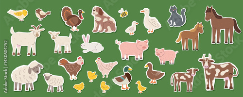 Set of farm animals stickers isolated on green background. Farming and livestock concept. Vector hand drawn cliparts in flat style.
