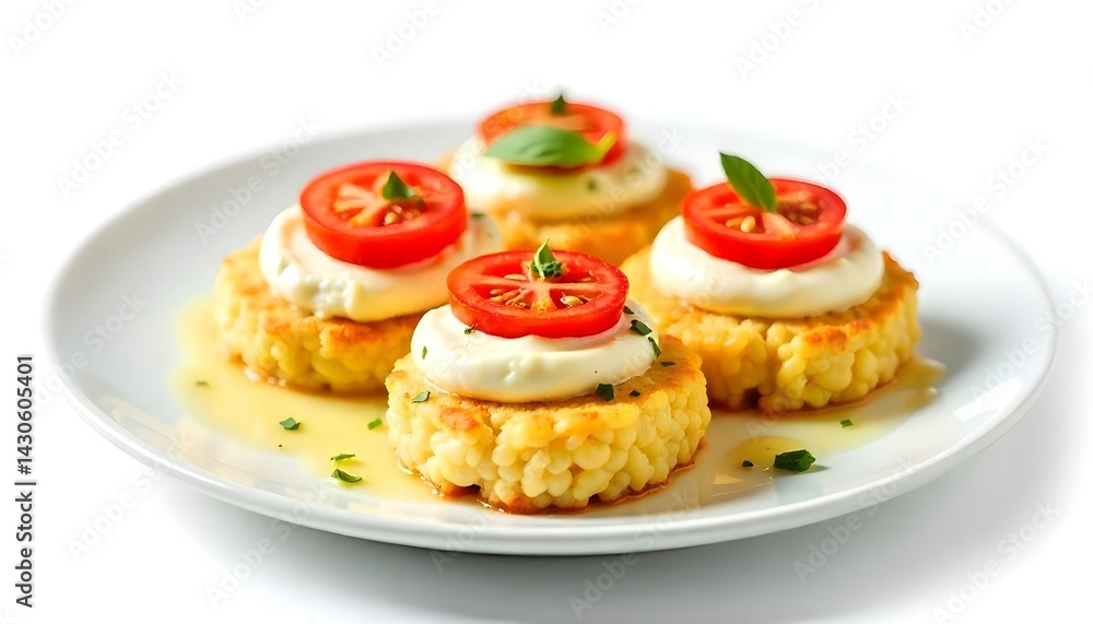 Rice cakes with cream cheese, tomato and mozzarella. isolated on white background Rice cakes with cream cheese, tomato and mozzarella. isolated on white background