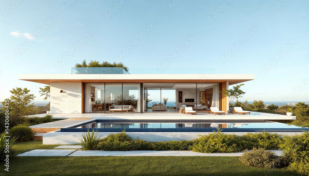 Fototapeta premium Panoramic modern summer villa with glass walls, infinity pool, and rooftop terrace under clear sky.