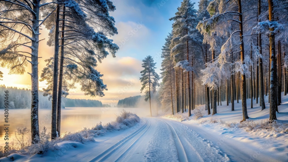 Fototapeta premium A serene winter landscape of a forest road covered in snow with trees standing tall and frozen lakes in the background, misty atmosphere, snowy ground road in the forest winter landscape, winter scene