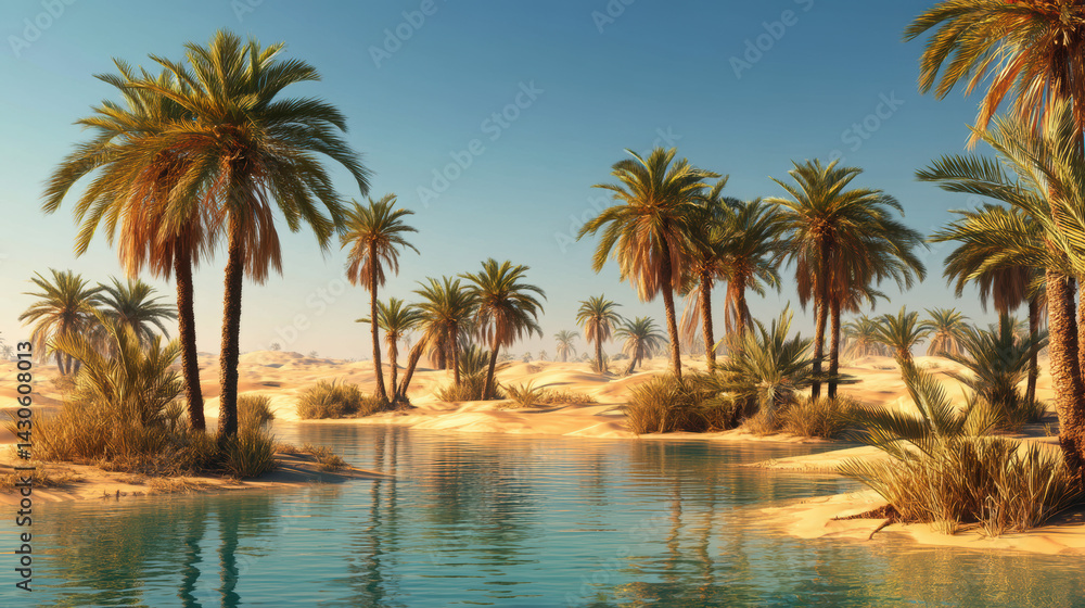 The stunning desert oasis shimmers under the clear blue sky as palm trees create a peaceful, tranquil scene, a true paradise for those seeking solitude and beauty. The stunning desert oasis shimmers under the clear blue sky as palm trees create a peaceful, tranquil scene, a true paradise for those seeking solitude and beauty.