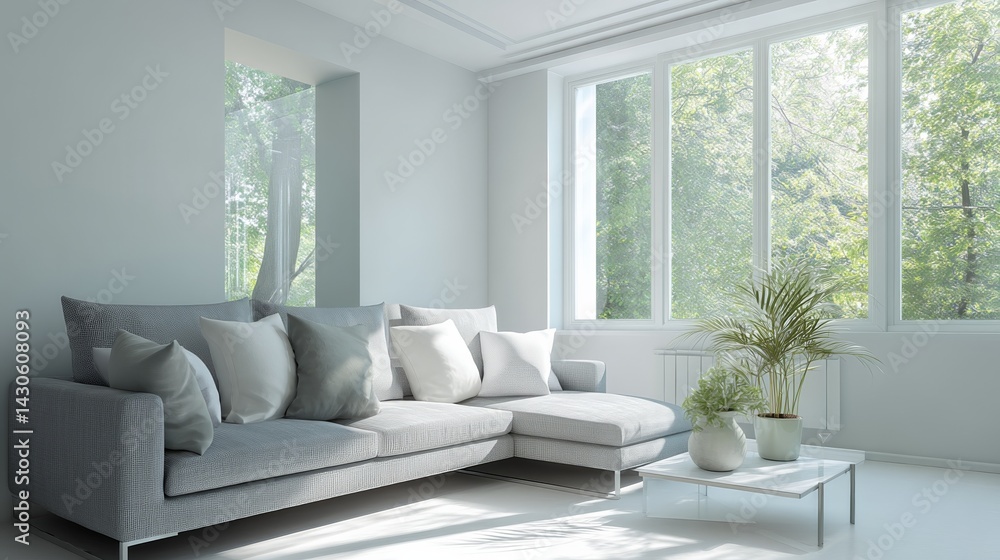 Fototapeta premium Bright living space with minimalist furniture and natural light / Serene simplicity in modern home design