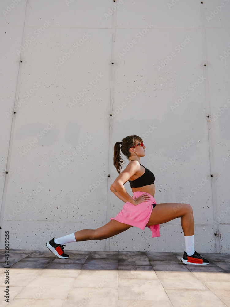 Fototapeta premium A young White woman performing an outdoor lunge exercise on a tiled surface in front of a white concrete wall, wearing a black sports bra, pink shorts, white socks, and black and red sneakers.