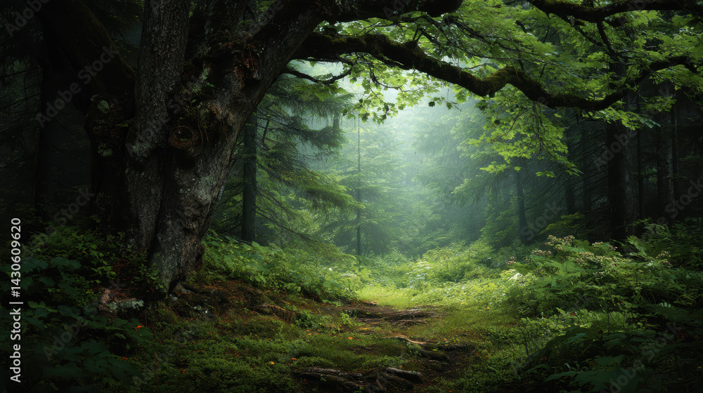 Fototapeta premium An old tree looms over a forest path with fog shrouded evergreens casting shadows across the lush vegetation creating a tranquil and enchanting scene in nature.