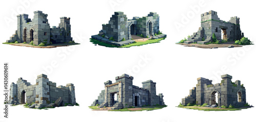 Ancient medieval stone ruins set. Broken castle, fort, temple ruins. Rock building. Ancient kingdom city element, fortress, old citadel structure, arch. Grey stone brick wall vector illustration.	