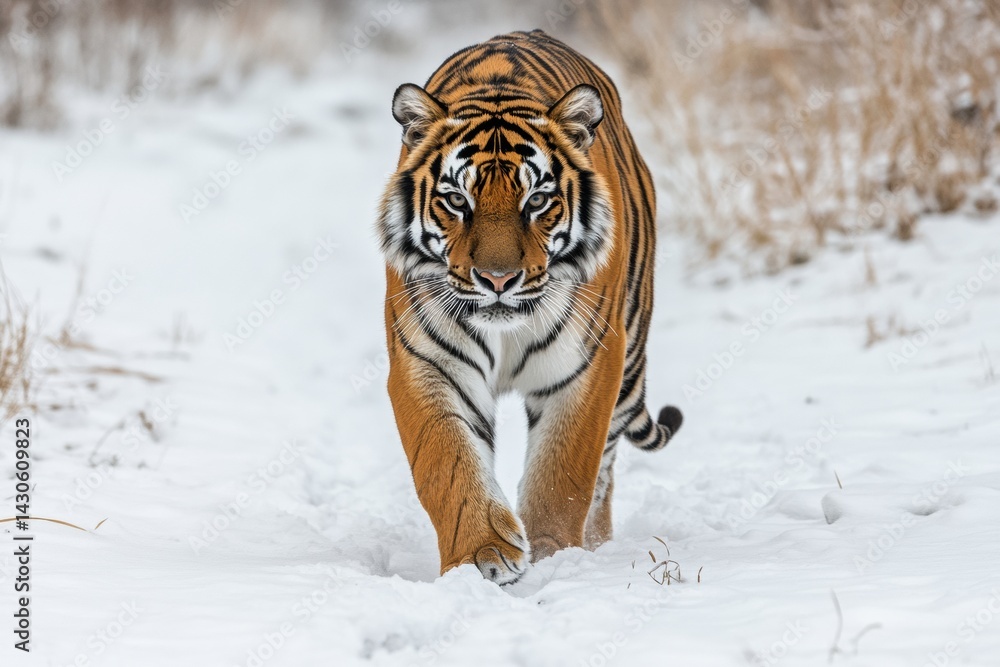 Obraz premium Bengal Tiger Strides Confidently Forward With a Strong Gaze Against a White Studio Background Generative AI