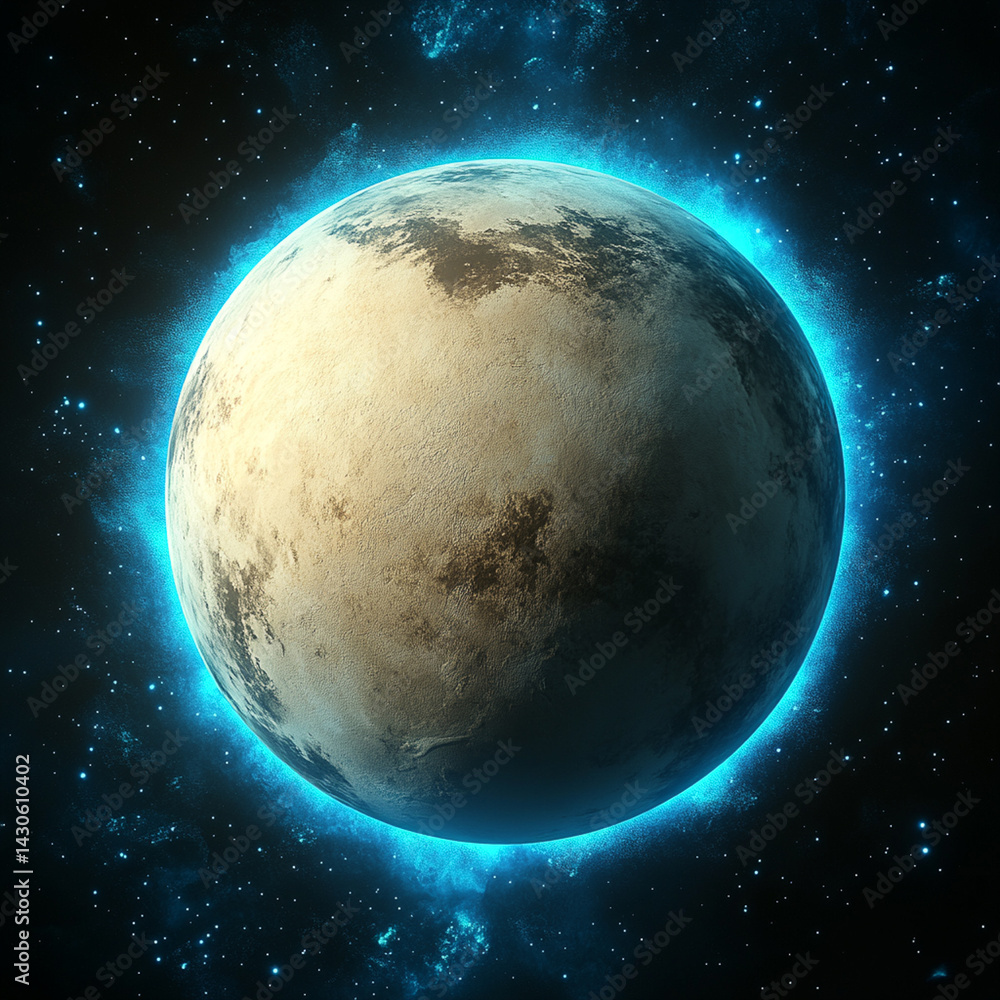 Obraz premium A planet in space that is a sublte beige colour with a bright blue aura glow around it