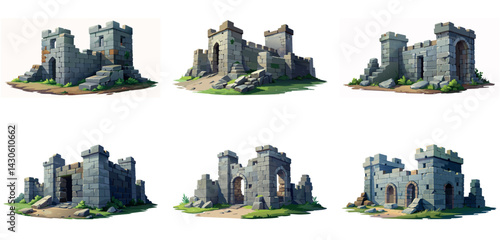 Ancient medieval stone ruins set. Broken castle, fort, temple ruins. Rock building. Ancient kingdom city element, fortress, old citadel structure, arch. Grey stone brick wall vector illustration.	
