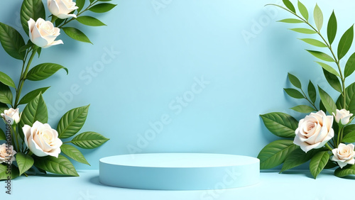 pastel blue stage features tropical leaves white roses cursive text grand opening