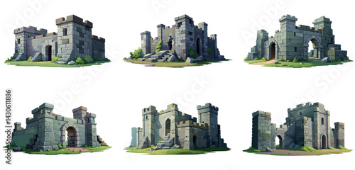 Ancient medieval stone ruins set. Broken castle, fort, temple ruins. Rock building. Ancient kingdom city element, fortress, old citadel structure, arch. Grey stone brick wall vector illustration.	