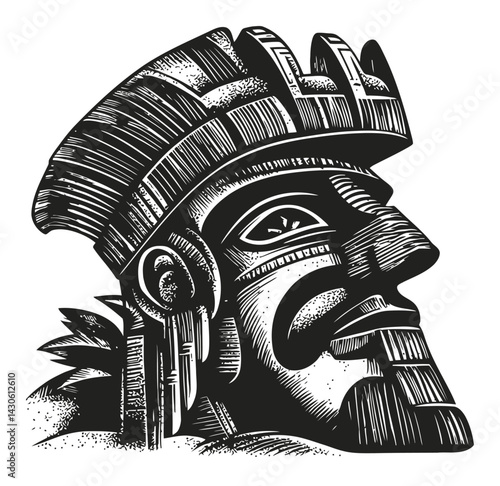 Detailed Woodcut Illustration of Historical Warrior Figure in Profile