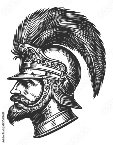 Detailed Black and White Engraving of a Historical Warrior Helmet
