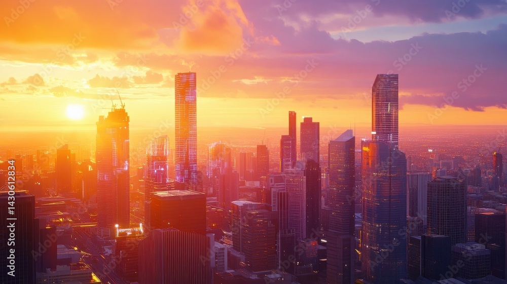 Fototapeta premium A vibrant city skyline at sunset with digital data overlays, symbolizing technology and urban development.