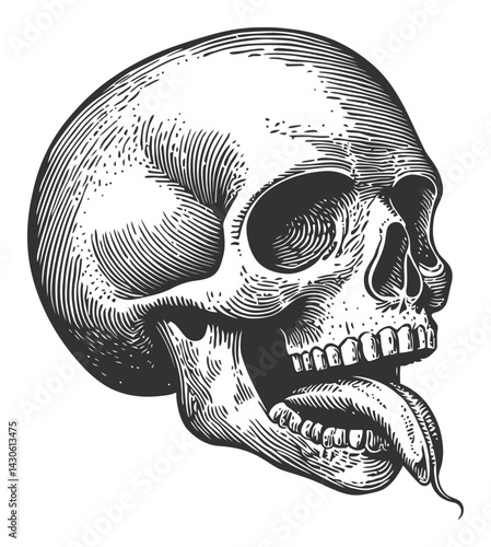 Engraved Skull Illustration with Tongue in Vintage Style