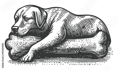 Relaxed Dog Engraving on a Bone in Vintage Illustration Style