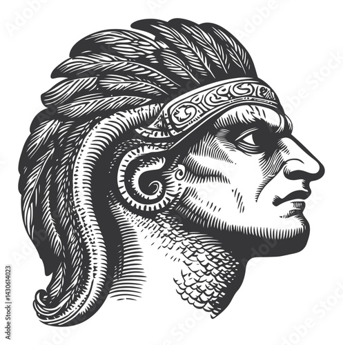 Detailed Engraving of a Stoic Warrior Head with Feathered Headdress