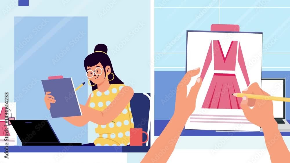Online shopping animation where a woman selects a dress from an e-commerce platform, showing digital retail and fashion Online shopping animation where a woman selects a dress from an e-commerce platform, showing digital retail and fashion