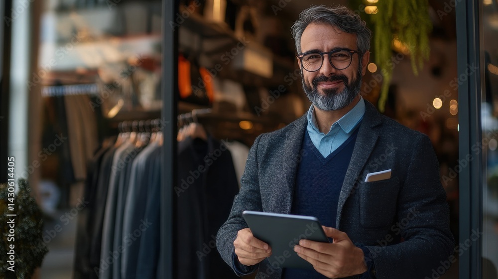 Fototapeta premium Portrait of the owner of a clothing store at the entrance of the new business with the tablet in hand to analyze the sales, new orders to be sent and check the stocks