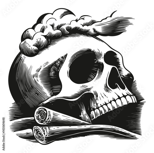 Detailed Woodcut Style Engraving of a Skull and Smoke Clouds