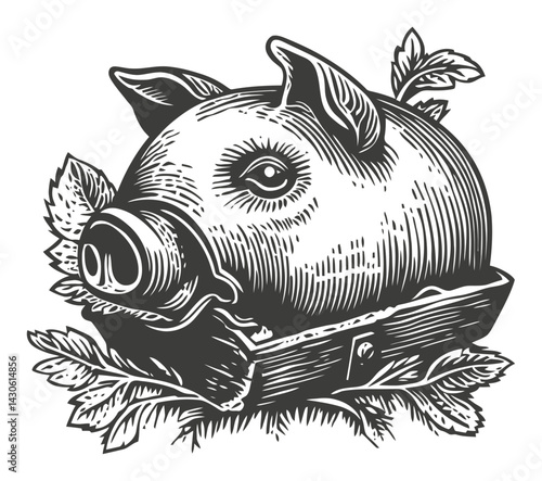Vintage Engraved Pig Head in Wooden Basket with Leaves Decoration