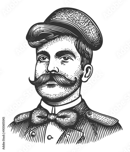 Vintage Engraving of a Man with a Mustache and Hat in Uniform