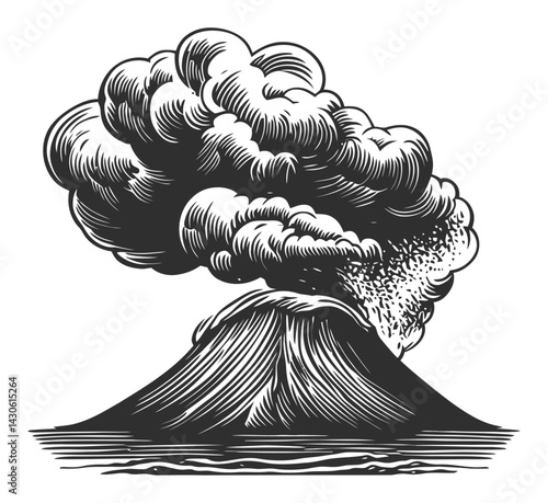 Detailed Engraving of a Volcano Erupting with Clouds and Ash