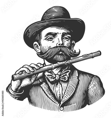 Vintage Man Playing Flute in Classic Engraving Illustration Style