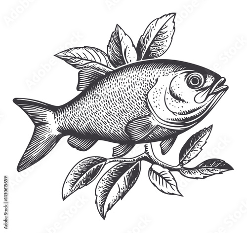 Vintage Engraving of Fish Surrounded by Leaves in Black and White