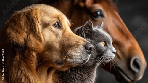 Portraits of dogs, cats, and horses. A staged photo of friends petting each other. Brown horse, grey cat, and golden retriever in peace. Generative Ai