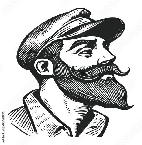 Vintage Woodcut Style Illustration of a Man with Cap and Mustache