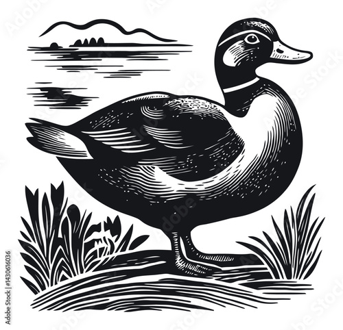Detailed Engraving of a Duck in Woodcut Illustration Style