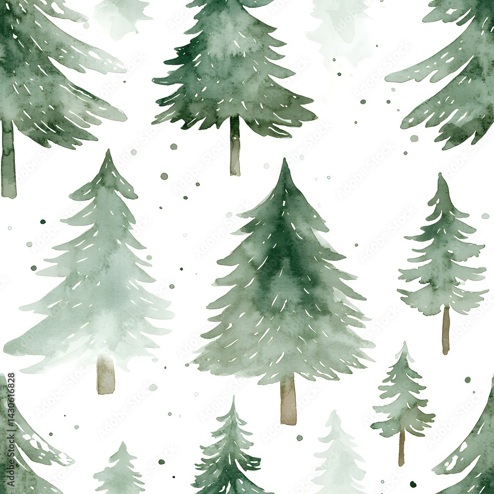 Obraz premium Watercolor Seamless Pattern of Green Evergreen Trees Winter Forest Christmas Design