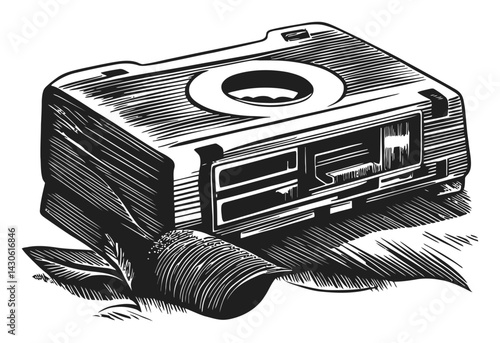 Vintage Engraving of Tape Recorder on Surface with Simple Style