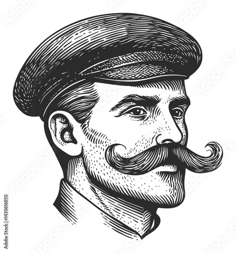 Vintage Engraved Portrait of a Man with Mustache and Hat