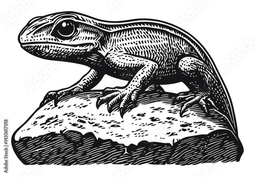 Detailed Engraving of a Lizard on a Rock in Black and White Style