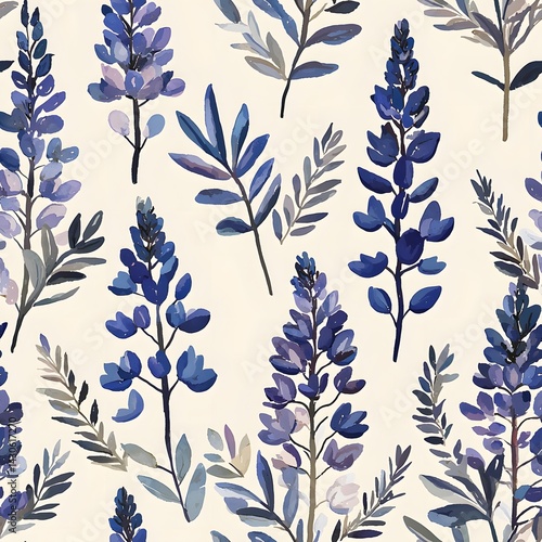 Elegant Watercolor Bluebonnet Floral Pattern Seamless Botanical Design Spring Summer Texture