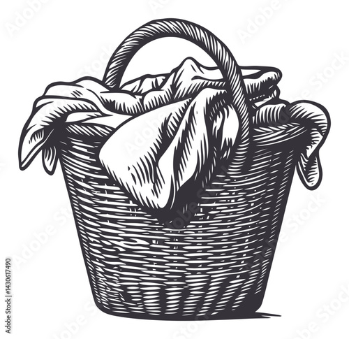 Detailed Engraving of a Laundry Basket with Clothes Illustration