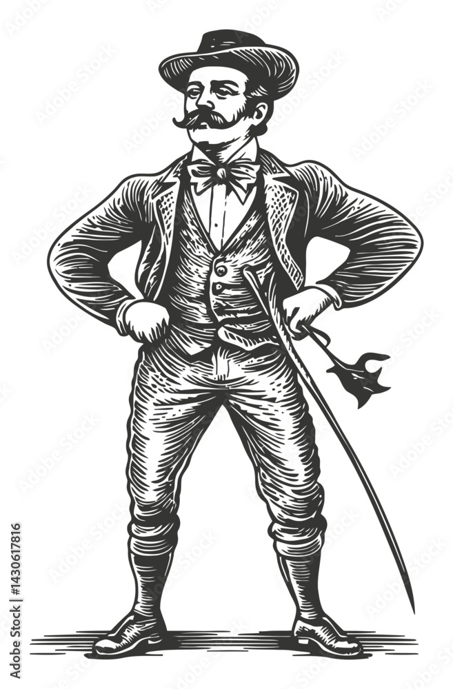 Obraz premium Vintage Engraving of a Dapper Gentleman with a Cane and Top Hat