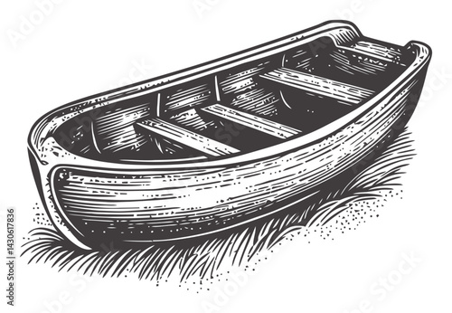 Vintage Woodcut Illustration of an Empty Rowboat in Engraved Style