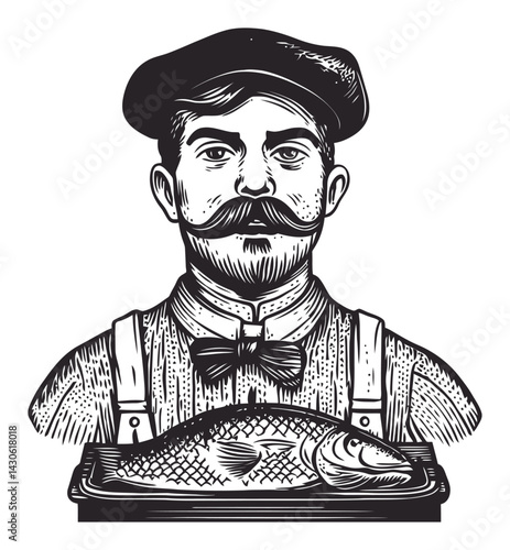 Classic Engraving of a Fishmonger with a Fresh Catch in Hands