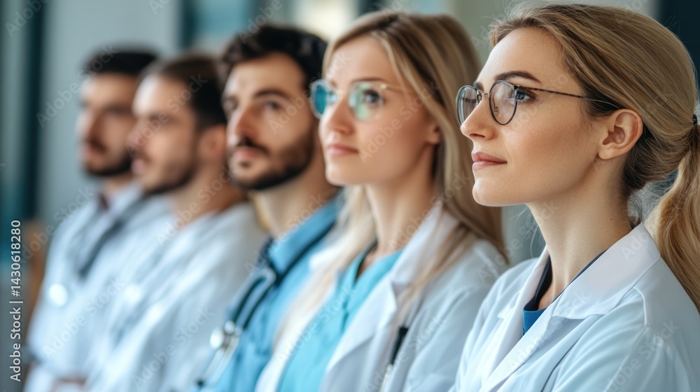 Fototapeta premium dedicated medical professionals standing side by side showcasing unity and expertise in a modern healthcare setting with focus on teamwork