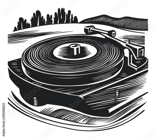 Vintage Turntable Woodcut Style Engraving Craft Illustration