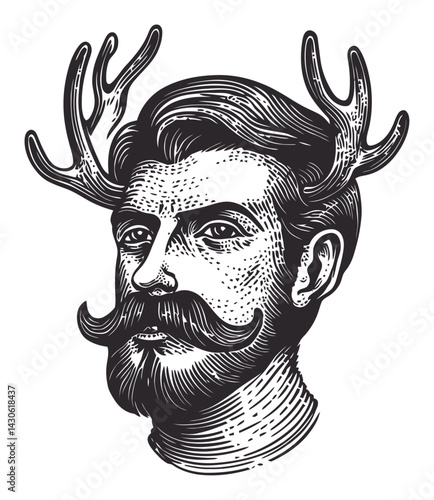 Vintage Engraving of a Man with Antlers and Mustache Style