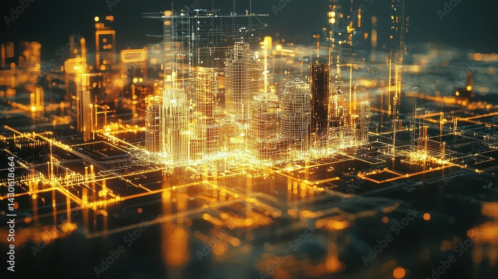 Fototapeta premium Futuristic cityscape with glowing golden elements and digital interface.